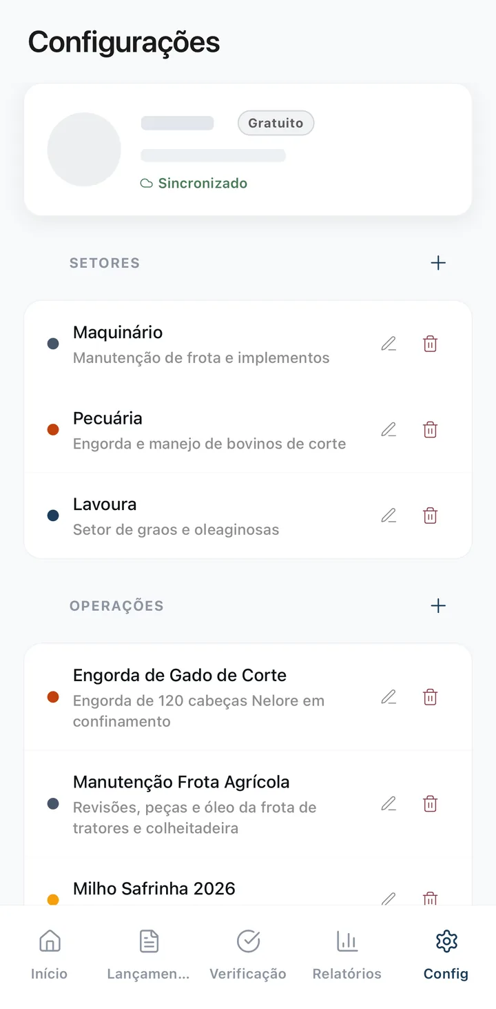 Tela de configurações do app Rumo Operacional: lista de setores e de operações da fazenda