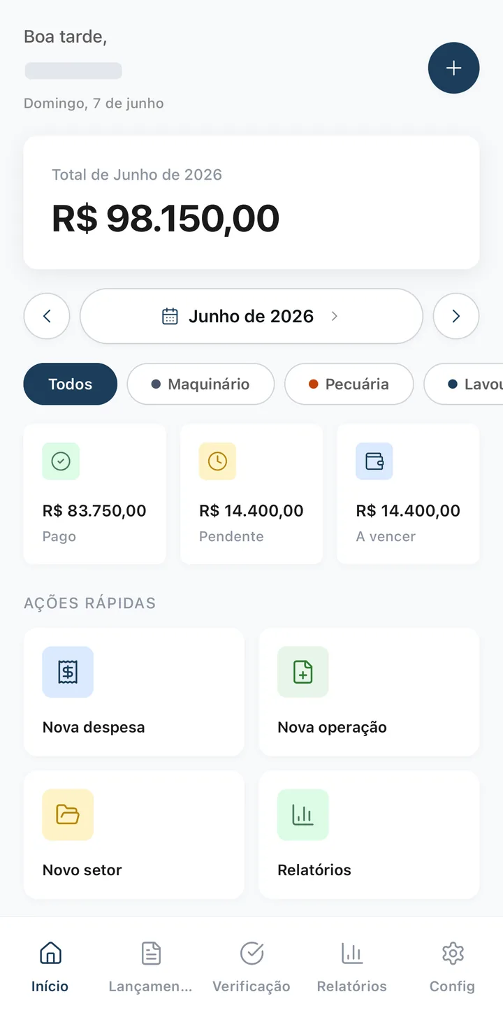 Tela inicial do app Rumo Operacional: total do mês, valores pagos, pendentes e a vencer, e ações rápidas