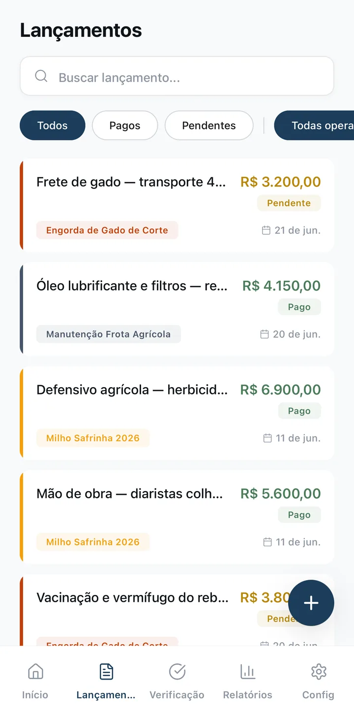 Tela de lançamentos do app Rumo Operacional: despesas com valor, operação, data e status de pagamento